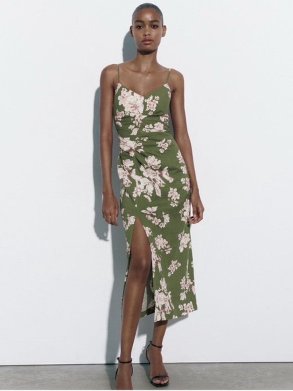 (828-1) Zara Olive Green Floral Ruched Spaghetti Strap Midi Slip Dress XS
